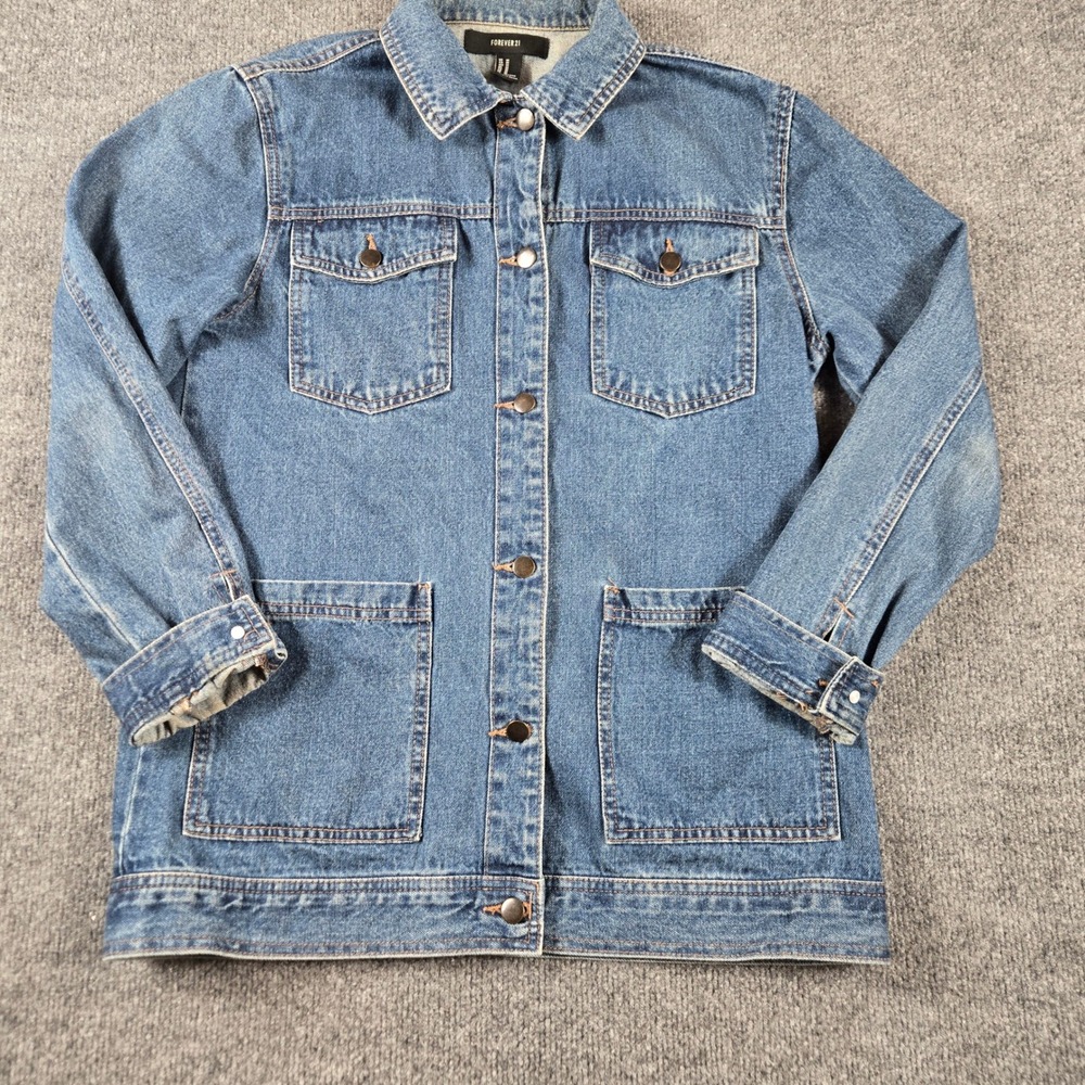 Forever 21 Denim Chore Jacket Womens Medium Blue Excellent Utility Longline Coat